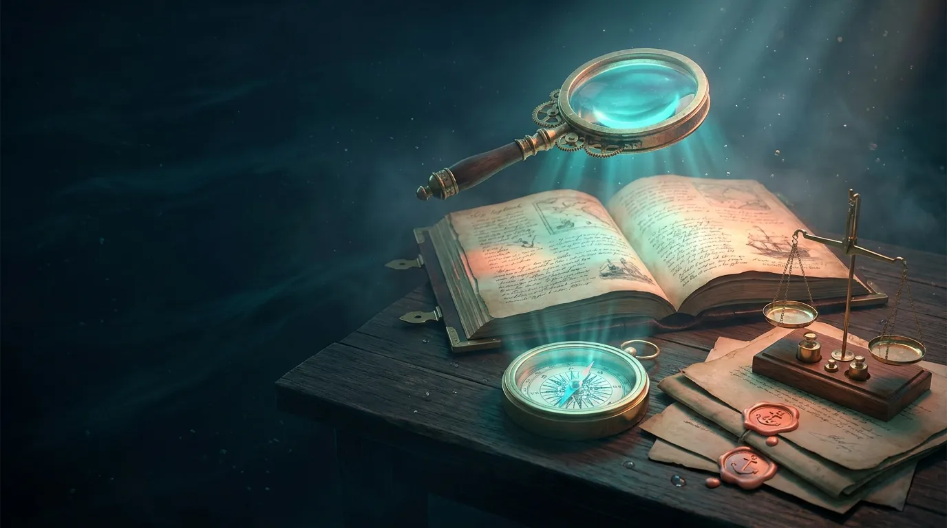 Brass magnifying glass hovering over antique ship logbook and glowing nautical compass on dark chart table with wax-sealed do