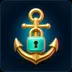 Premium glossy 3D icon of a polished gold ship anchor with an aqua teal padlock on a deep midnight navy background