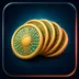 Glossy 3D icon of a fanned spread of polished gold coins with engraved circuit patterns, aqua teal accents, coral rim light, 