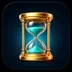 Premium glossy 3D icon of a polished golden hourglass filled with luminous aqua teal sand on a deep midnight navy background