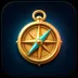 Premium glossy 3D icon of a polished sand gold nautical compass with a luminous aqua teal needle on deep midnight navy backgr