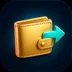 Premium glossy 3D icon of a polished gold wallet with a luminous aqua teal arrow pointing outward on a dark navy background