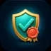 Glossy 3D heraldic shield with aqua teal checkmark and wax seal, polished gold finish, coral rim light, dark navy background