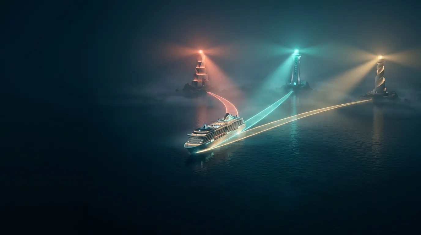 Cinematic 3D render of a sleek luxury cruise ship on a calm night sea, three illuminated lanes fanning toward distant aqua, c