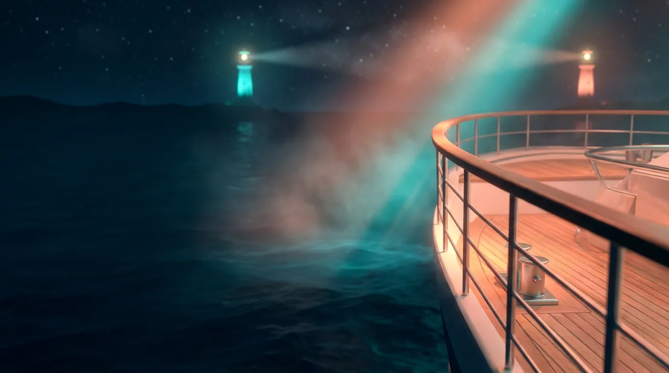 Cinematic night ocean view from luxury ship deck rail with distant aqua and coral lighthouses glowing on the horizon under so