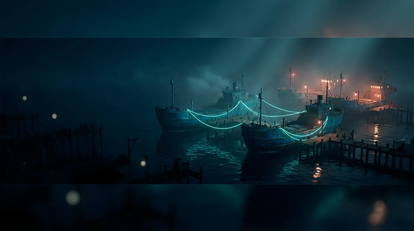 Cinematic 3D render of a night harbour with four moored ships, glowing aqua rope lines linking two vessels, coral and gold li