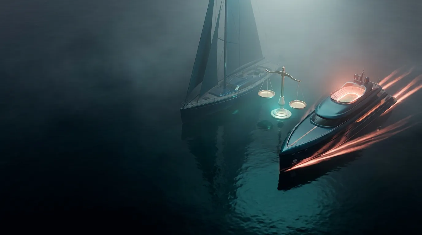 Two elegant futuristic ships side by side on a dark glassy ocean with glowing coral wakes and a floating brass balance scale 