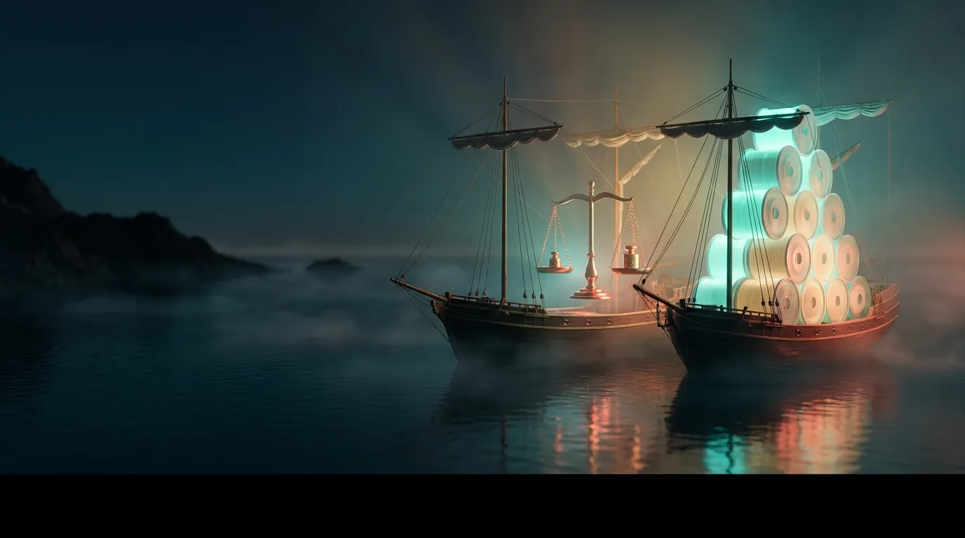 Two elegant ships on a dark glassy sea, one bearing luminous aqua-gold reel drums, with a floating brass balance scale betwee