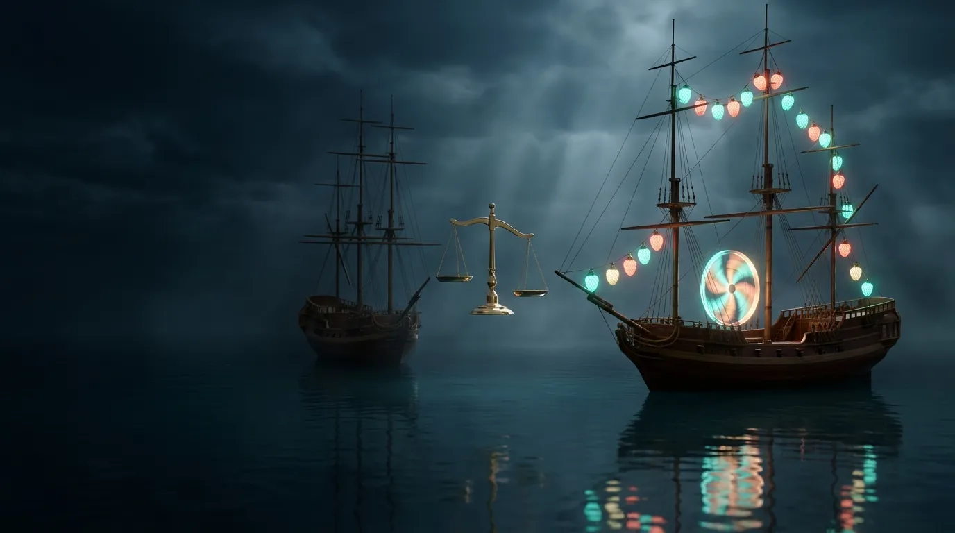 Two elegant ships on a dark glassy ocean, glowing aqua and coral lanterns, a spinning light prize wheel on deck, and a floati